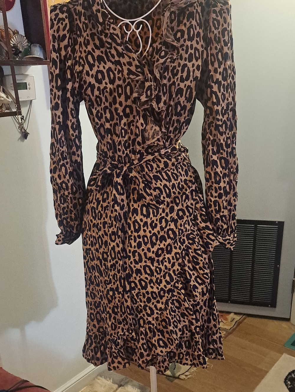 Maje Leopard Print Tie-Waist Long Sleeve Ruffle Dress Sz 4